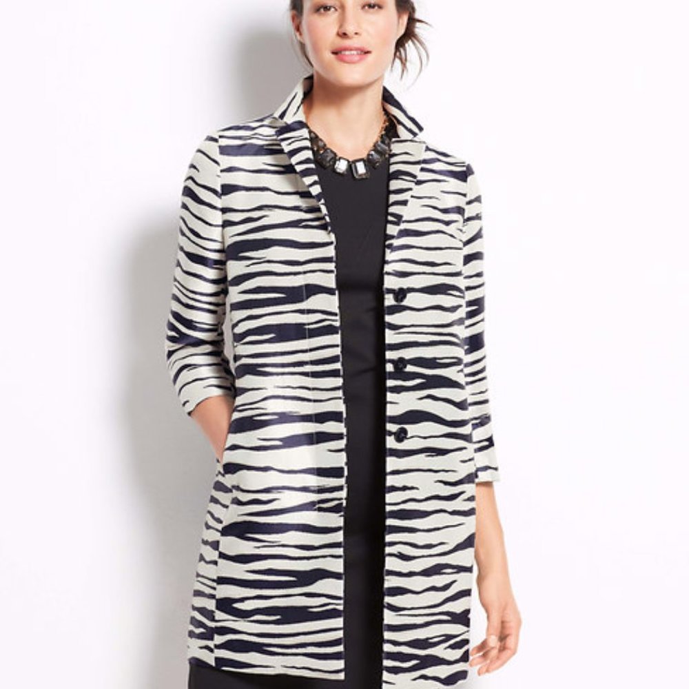 Animal print car coat navy/off white zebra pattern